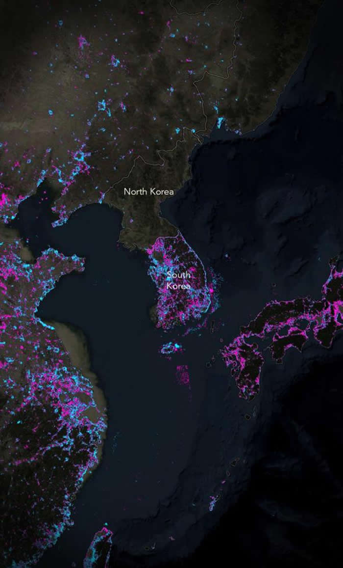 2012至2016年间,美国东岸的夜间照明增减不一。 MAP BY JOHN NELSON