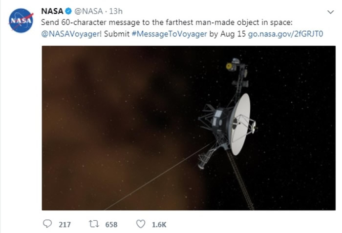 太空船旅行者一号(Voyaher 1)将迎来升空40周年 美国NASA网上征创意短讯贺生日