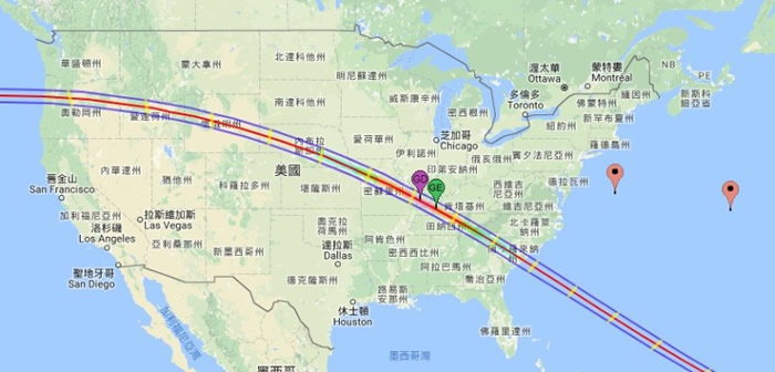 美国东西两岸多个州分都能观赏到日全食。