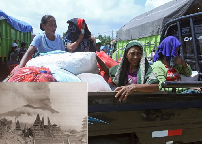 居民收拾细软撤离家园。阿贡火山对上一次在逾半世纪前爆发(小图)。