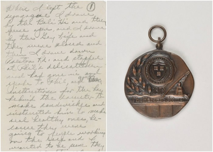 有件与肯尼迪有关的物品即将拍卖。左图为鲁比的自辩信,右图为肯尼迪在学时赢得的奖牌。