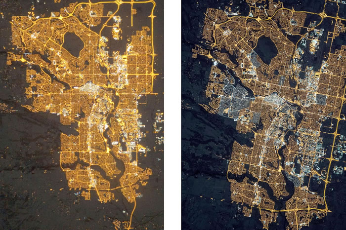 上方这两张加拿大卡加立的卫星影像,由国际太空站摄于2010年(左)与2015年(右)。相较于2010年的影像,2015年的影像中有许多市郊区域都是新亮起来的地方