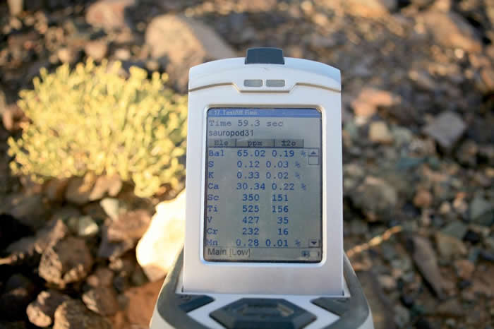 携带式扫瞄器几乎立刻显示岩石的元素组成细节。 PHOTOGRAPH BY PHIL BELL