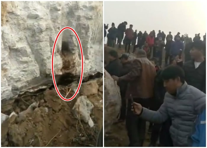 出土“棺椁”的一处缝隙(红圈示)流出如“血水”的红色液体,吸引不少村民围观。