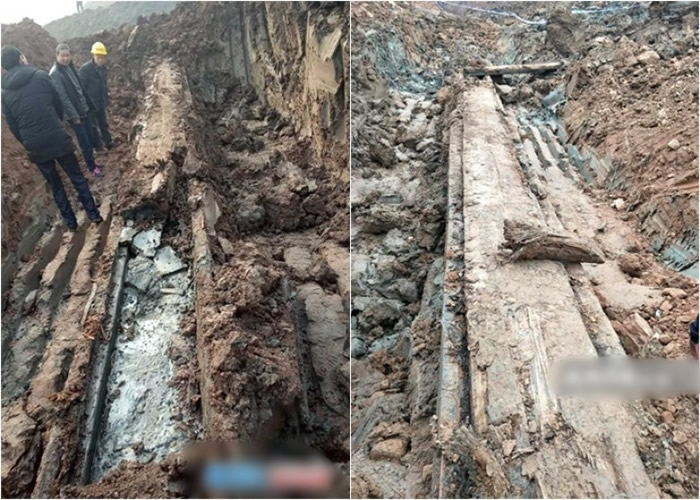 四川遂宁蓬溪县雷堂村水库工程挖出神秘古棺木