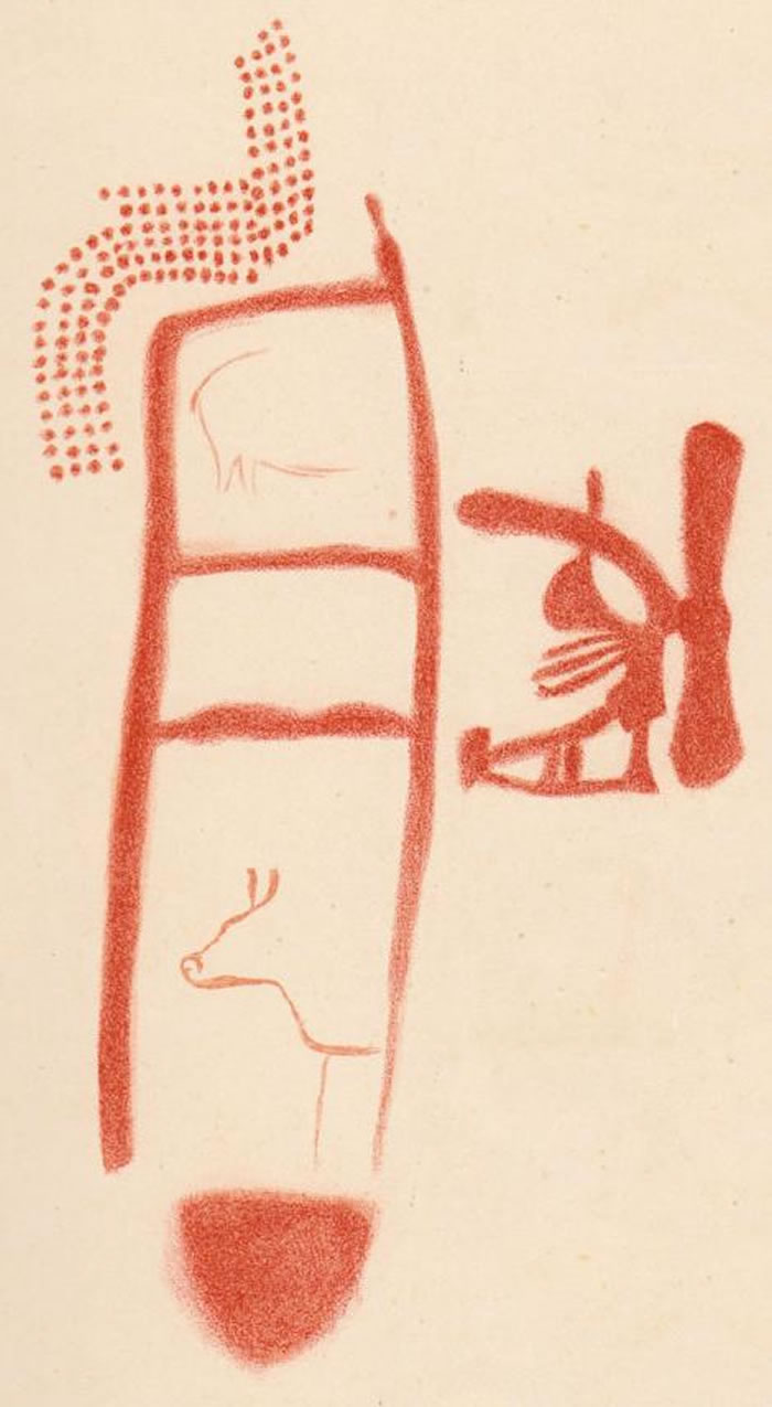 壁画的复制图显示梯状图旁边还画有动物与其他符号。目前不清楚这些图样年代是否相同,或是稍晚才画上去的。 PHOTOGRAPH BY BREUIL ET AL