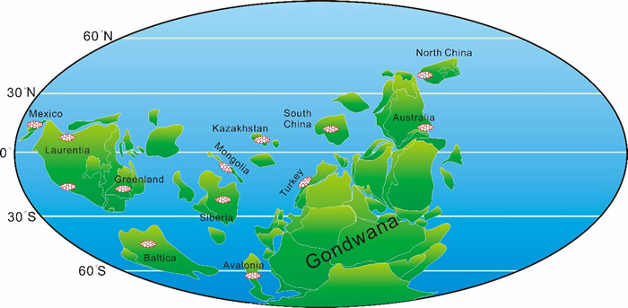 寒武纪微网虫骨片化石的古地理分布(修改自Torsvik and Cocks, 2013b; Yang et al., 2015)