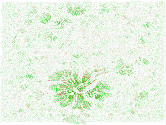 新系谱树的这个部分显示7万人经由婚姻(红色)与共同祖先相互连结。 COURTESY COLUMBIA UNIVERSITY