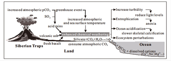大陆风化作用变化与海洋环境变化关联卡通图解