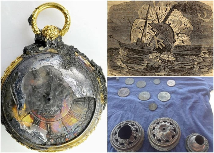 金表(左)记录了意外发生的时间,专家还寻获了其他宝物。