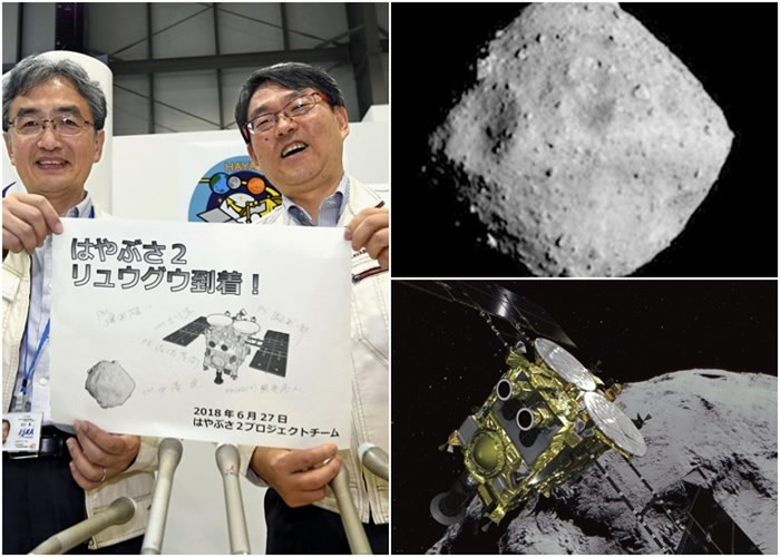 JAXA宣布隼鸟2号已抵达龙宫(右上),右下为隼鸟2号执行任务时的模拟图。