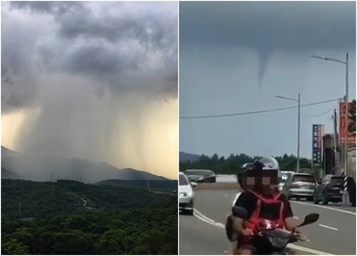 台湾的北海岸上周六下午同时出现雨瀑和水龙卷的奇景。