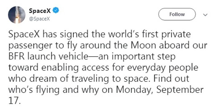 SpaceX在社交网宣布消息。