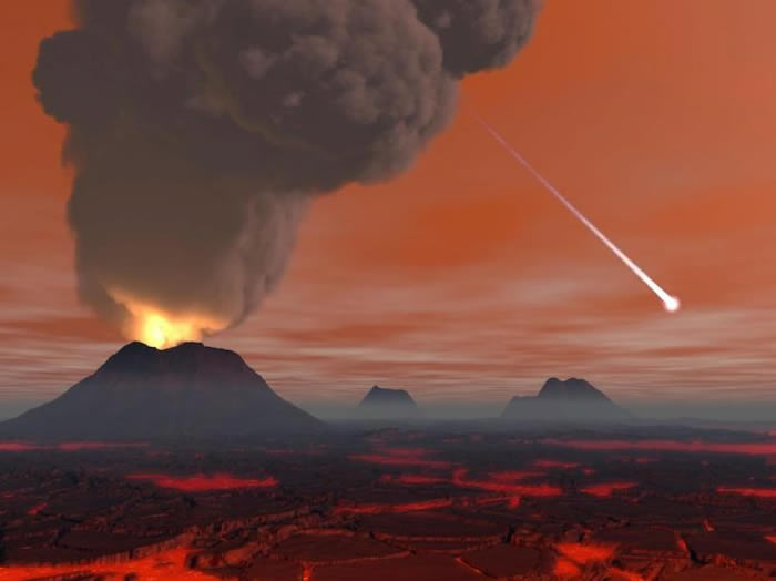 科学家和艺术家常常将地球形成的最初想像成如地狱般到处都是火山和熔岩原的景色。然而在数亿年间,水可能就因陆地冷却而能存在于地表,生命不久后也随之出现。 ILLUS