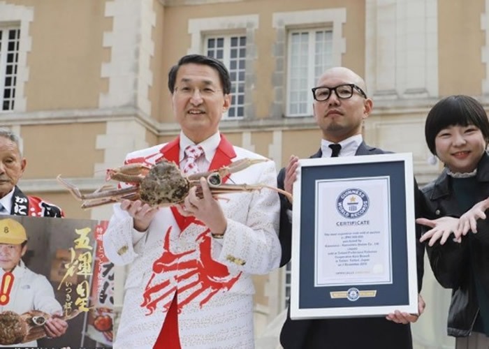平井伸治(左二)在活动上称,为该只松叶蟹成为世界纪录而高兴。