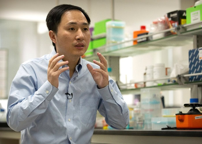 贺建奎受访时解释编辑基因的技术。