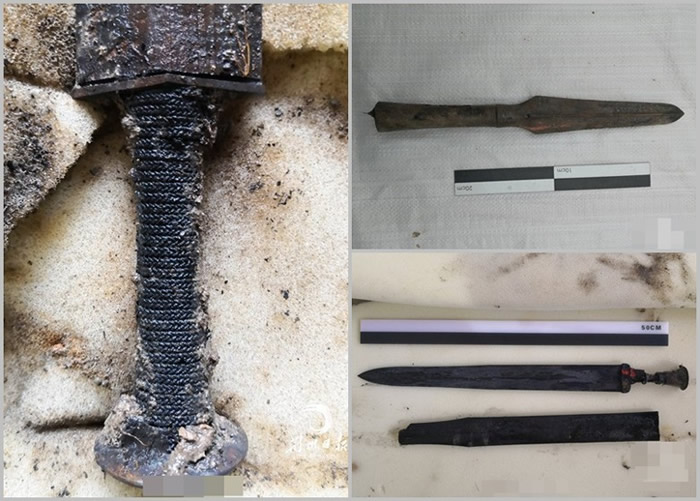 挖掘出的文物包括剑柄(左图)、越式矛和青铜剑(右上及下图)。
