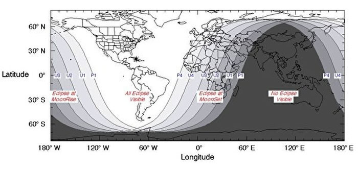 全球各地区的人们能否看到「超级血狼月」的示意图。