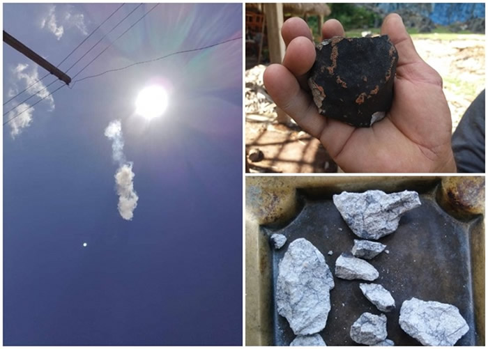 左图:阳光旁边有长形烟团留在空中。右上及右下:疑似陨石碎片表面呈黑褐色及灰色。