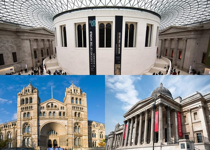 大英博物馆(上图)、自然历史博物馆(左下图)及英国国家艺术馆(右下图)推新招收捐款。
