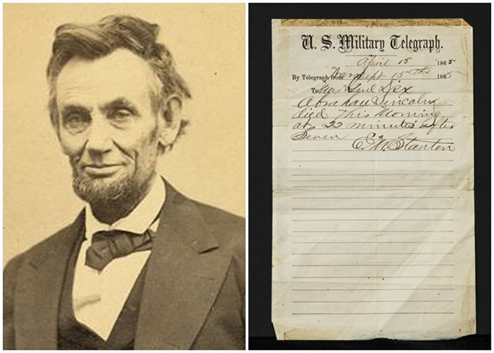 林肯(左图)遇刺死讯的电报手稿(右图)将首次拍卖。