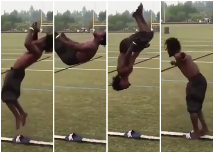 男子耍杂技 后空翻完美落地顺便穿回拖鞋