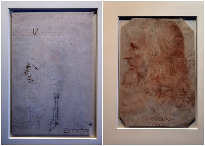 首次将展出的达芬奇肖像画(左图),画中人一脸落寞,与现存惟一大师肖像(右图)迥异。