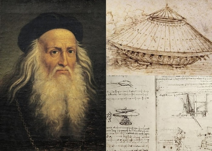 达芬奇生前提出多个概念性发明,包括坦克(右上)及直升机(右下)等。