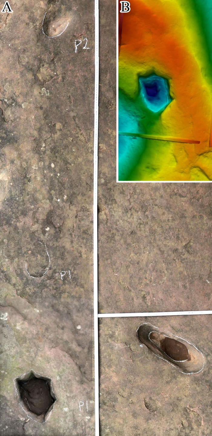 “李存孝打虎处”的“虎爪印”和“人足迹”,右上角为三维成像的“虎爪印”(摄影/邢立达)