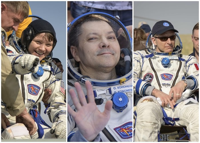 (左起)麦克莱恩、科诺年科及圣-杰克斯乘坐联盟号安全返回地球。