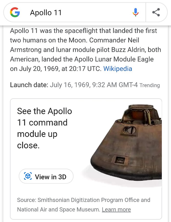 只需要在Google搜寻阿波罗11号即可把影像投射至现实中。