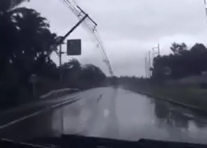 泰国南部喀比府强风吹倒12条电线杆 行车记录仪录下女司机险逃一劫片段