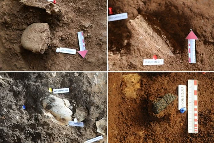 青塘遗址出土的石器(左上),骨器(右上),蚌器(左下),陶器(右下)。