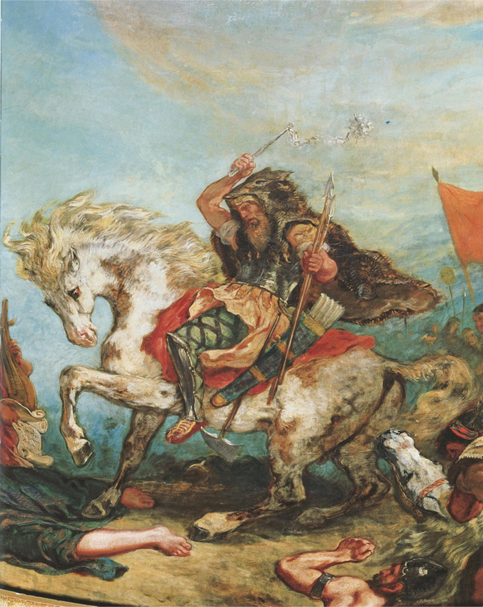 在法国画家德拉克洛瓦(Eugene Delacroix)的画作中,匈人阿提拉(Attila the Hun )与他的手下从马背上攻击敌人。 PHOTOGRAPH