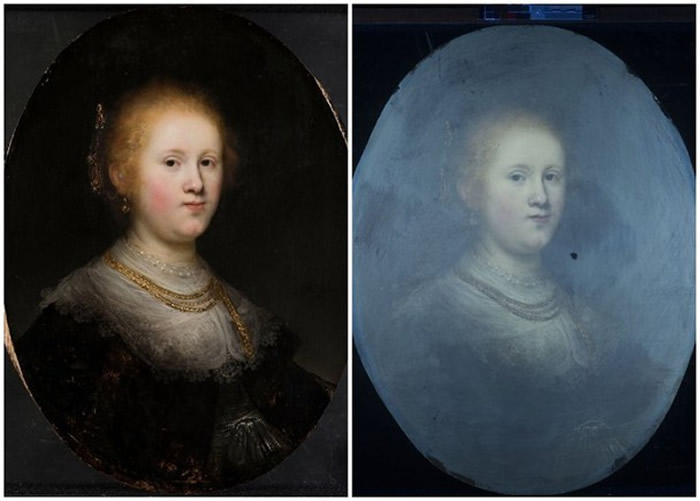 专家透视原画作(左图)表面的颜料,发现下面另有一层绘画笔法与伦勃朗一致的颜料(右图)。