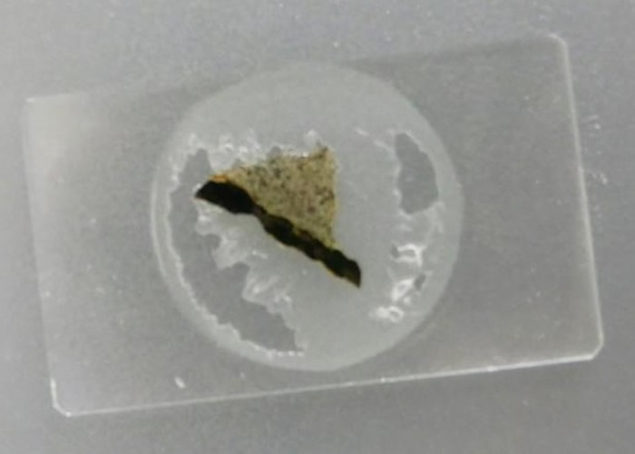 团队以显微镜观察染色的玄武岩样本