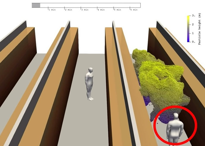 团队用电脑动画模型模拟新冠肺炎患者(红圈)在超市咳嗽的情况。