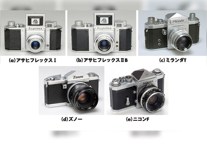 获选的单反相机,(上排左起)Asahi Flex 1、Asahi Flex ii b、Orion Miranda T,(下排左起)ZUNO、Nikon F