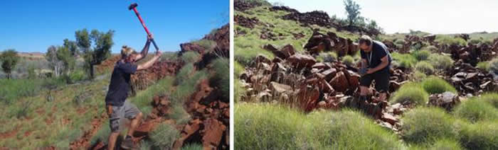 乔纳斯·图什(左)和卡斯滕·蒙克(右)在澳大利亚皮尔布拉用大锤敲打、采集太古宙的岩石样品