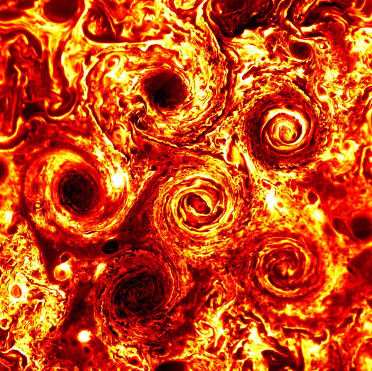 2017年2月,朱诺号的红外镜头捕捉到木星南极的6个气旋。图片来源:NASA/魏茨曼科学研究院