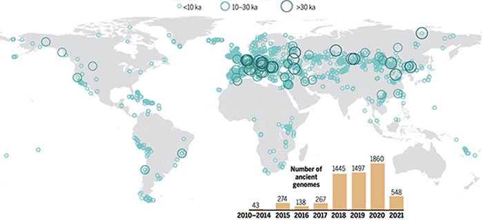 截止2021年6月前每年已发表的人类古基因组数据