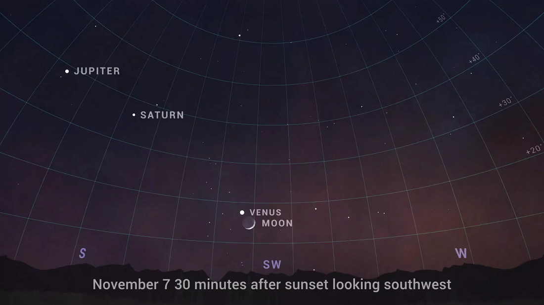 NASA:11月7日周日傍晚新月与金星美丽相遇
