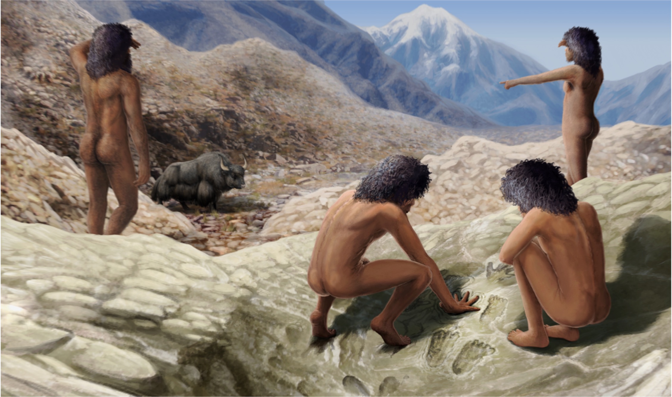 远古人类在碳酸钙软泥上压置手脚印进行创造的模拟图。