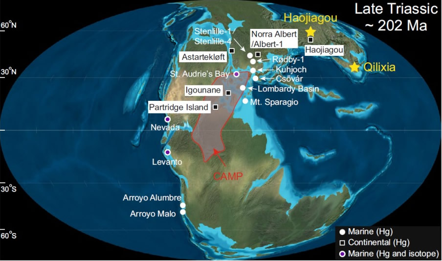 约2亿年的晚三叠世全球古地理图。五角星代表中国准噶尔盆地和四川盆地两个剖面的古地理位置。圆圈和正方形分别表示已经报道的海相和陆相汞记录剖面。CAMP代表中大西洋