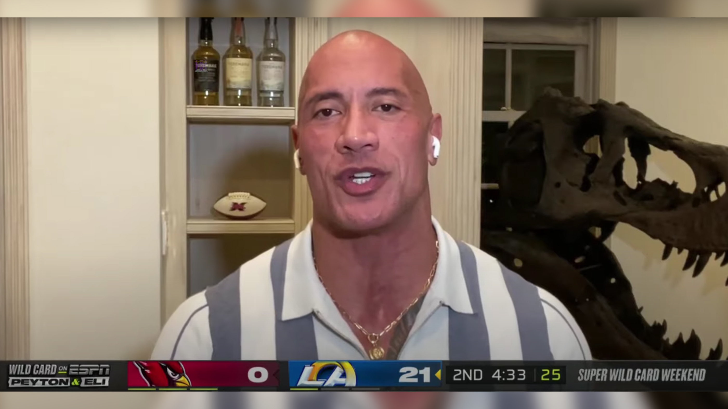 美国好莱坞明星道恩·强森家里的“霸王龙头骨”吸引注意力 澄清:是复制品