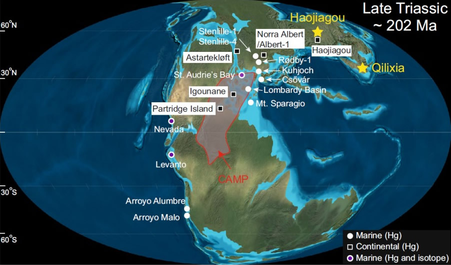 约2亿年的晚三叠世全球古地理图。五角星代表中国准噶尔盆地和四川盆地两个剖面的古地理位置;圆圈和正方形分别表示已经报道的海相和陆相汞记录剖面。CAMP代表中大西洋