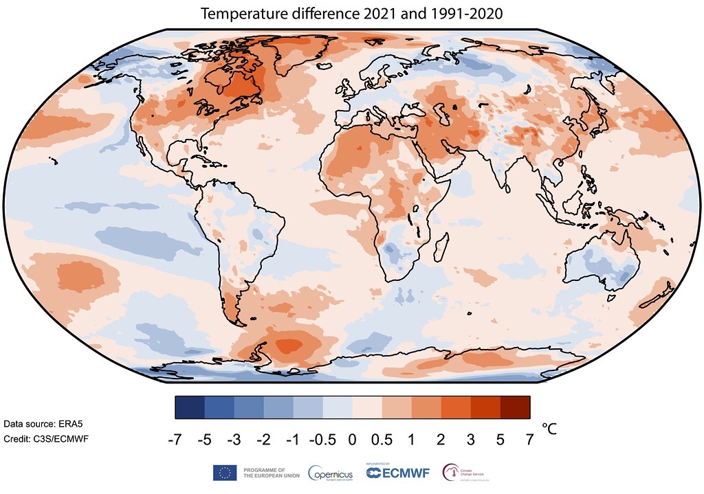 相较于1991~2020年的平均温度,2021年升温的数值。图片来源:Copernicus Climate Change Service/ECMWF
