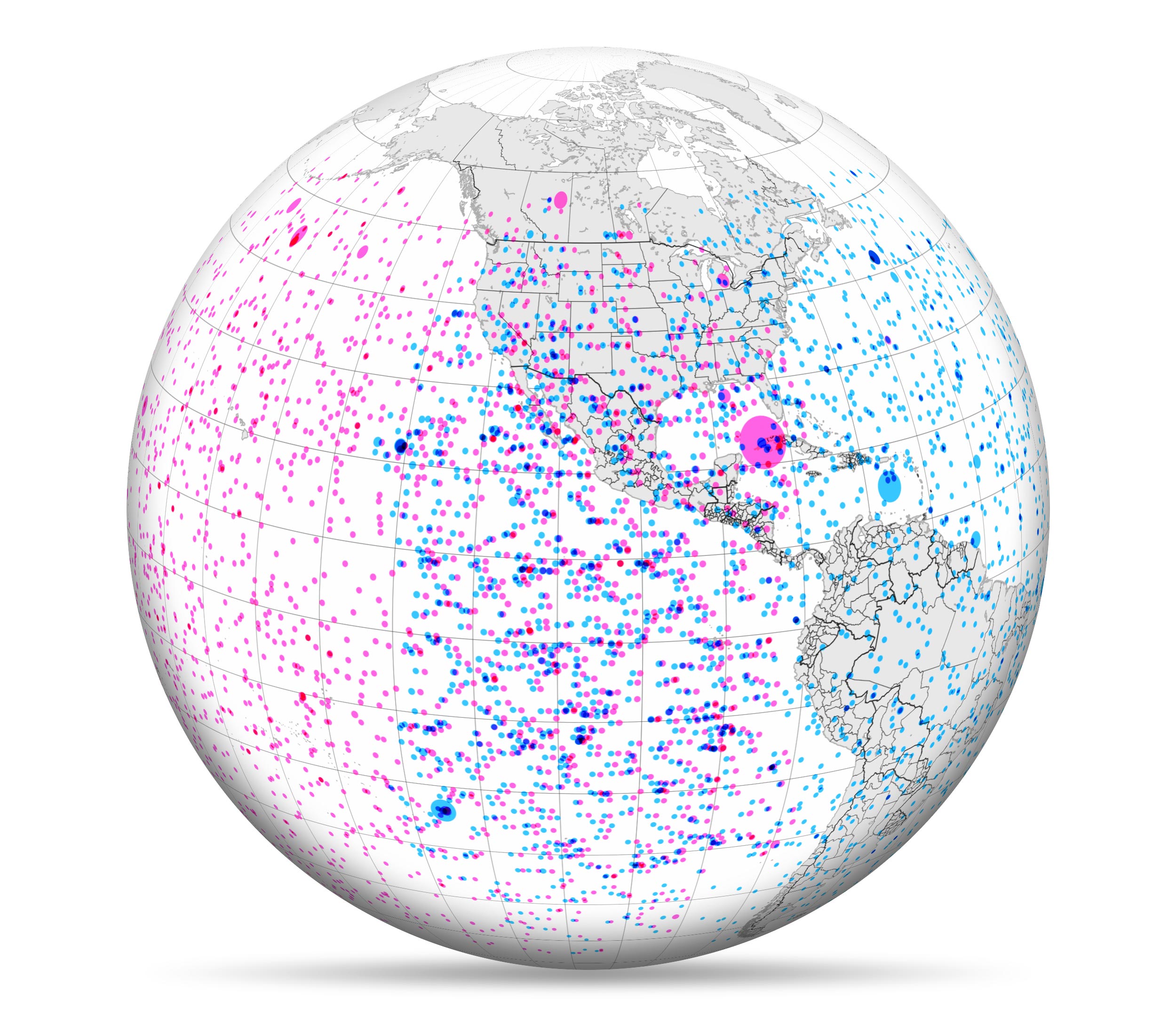 上图显示了2017年7月至2022年1月期间,由GOES-16和GOES-17上的GLMs探测到的3000多次发光事件的分布。