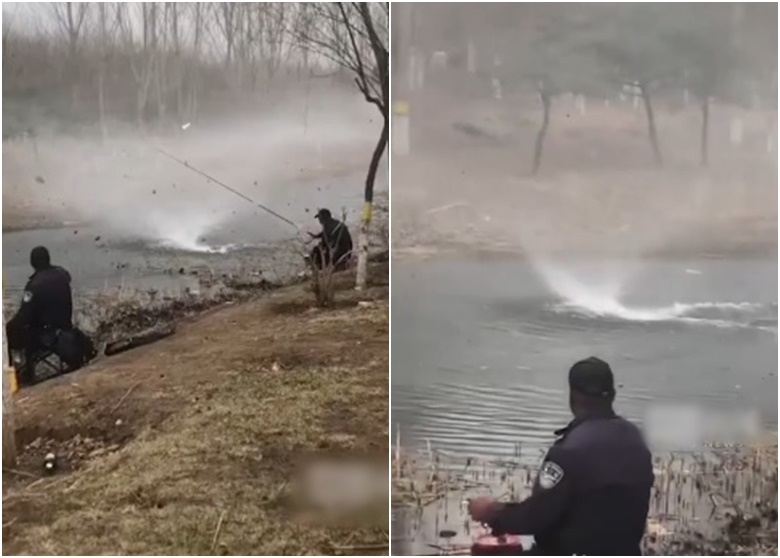 天津多名男子在河边钓鱼时巧遇水龙卷现象 卷起近6米高的水花