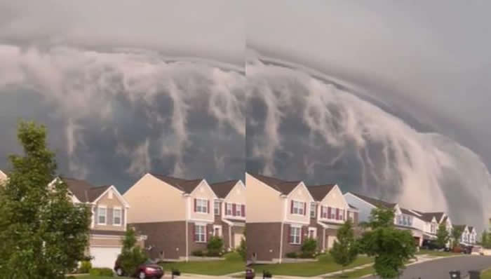 美国俄亥俄州辛辛那提网友抬头看见眼前“惊天海啸”侵袭 原来是弧状云（卷轴云）